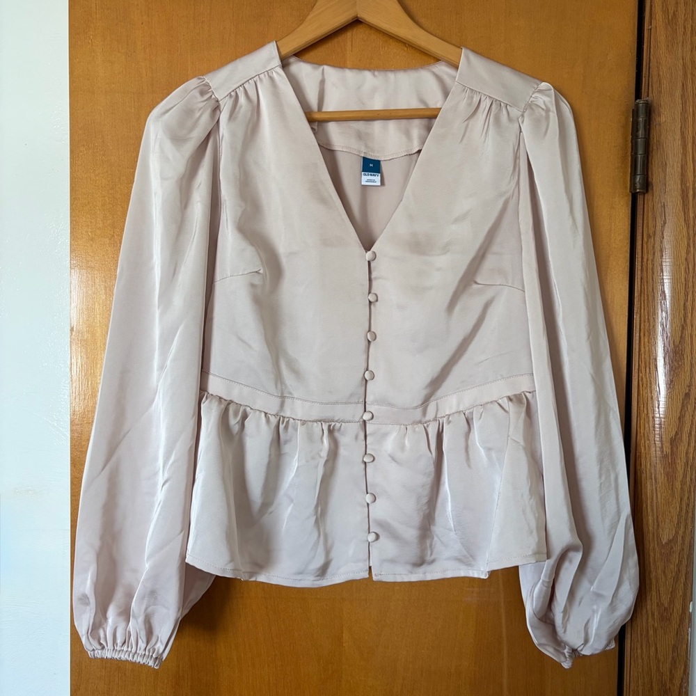Old Navy Champagne Waist-Defined Satin Peplum Top